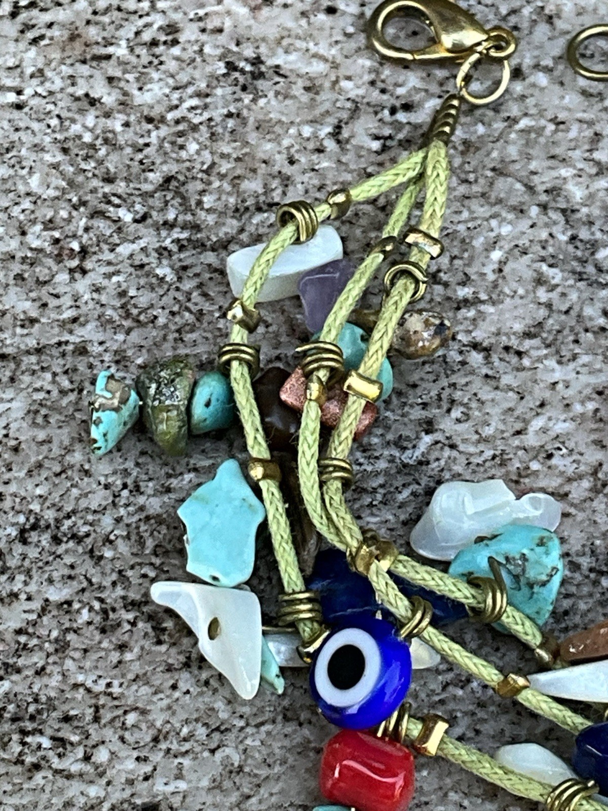 Vintage 3 Strand Multi Stone Bead Charm Bracelet Jewelry