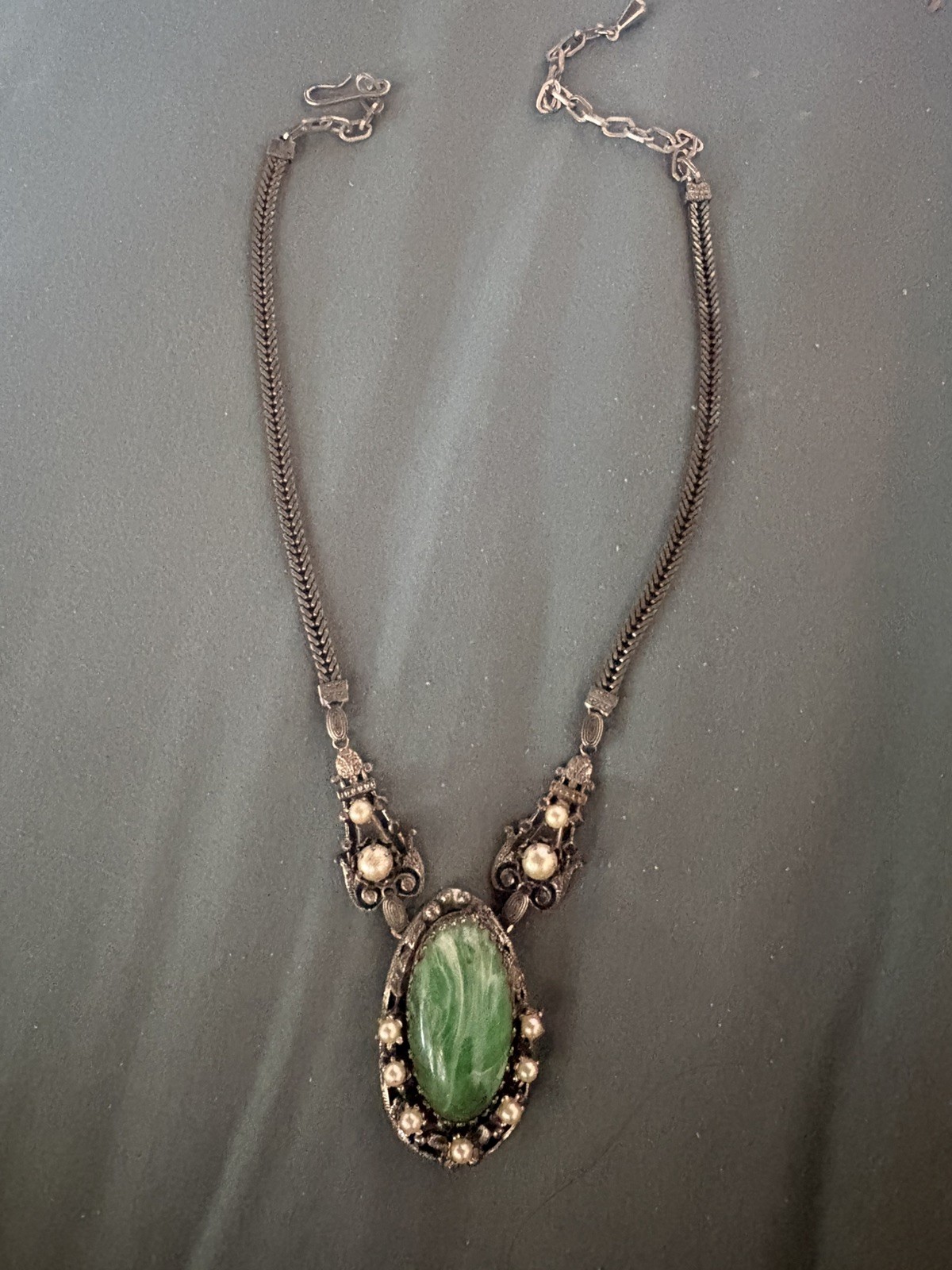 Vintage Green Stone With Pearls Necklace. Estate