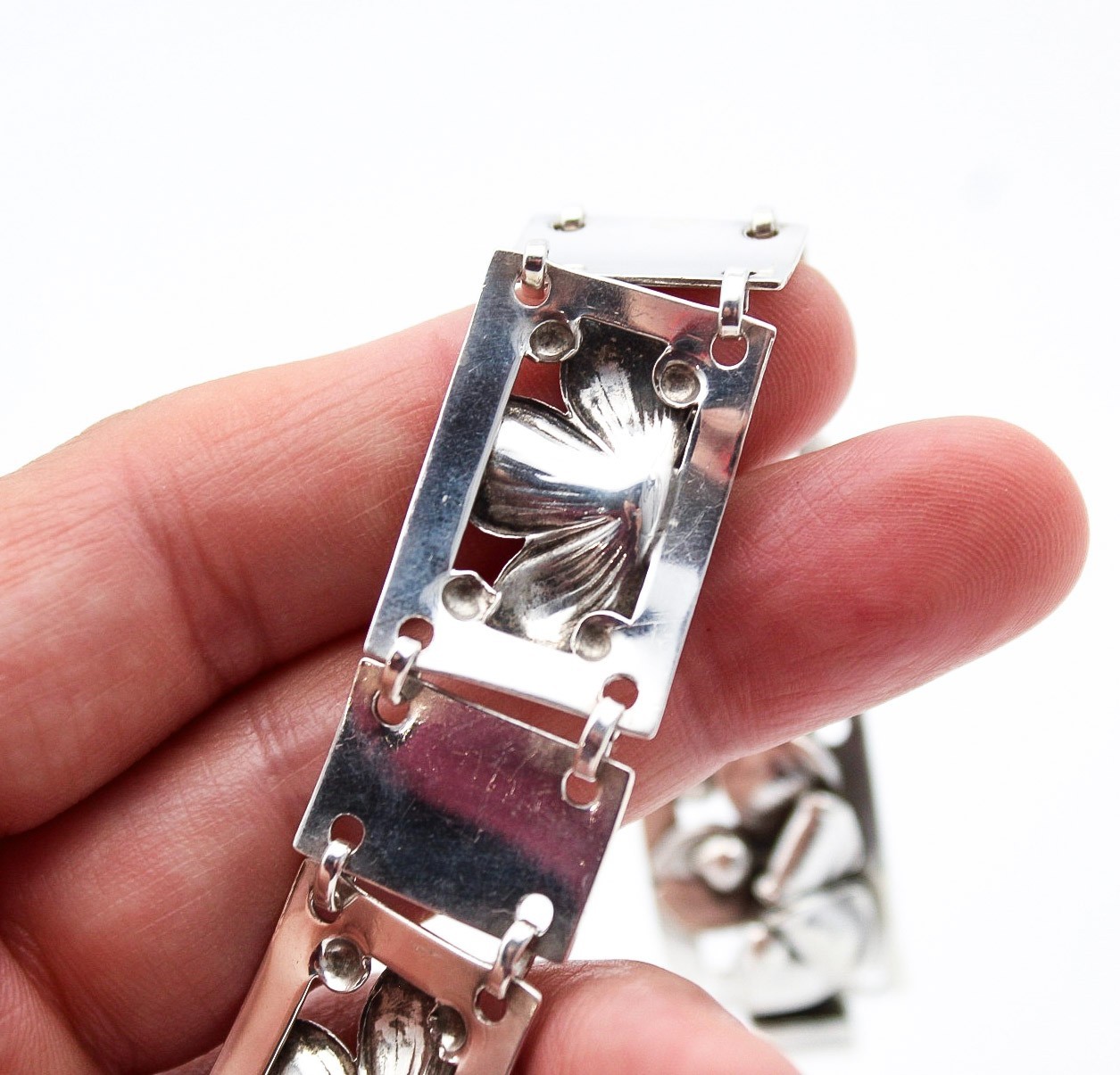 Vintage Sterling Silver 925 Denmark Floral Link Panel Bracelet 7.25″