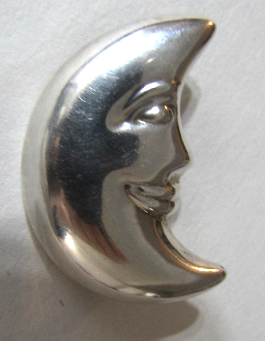Sterling Silver Crescent Moon Pin Brooch Celestial Smiling Face Vintage SU 925