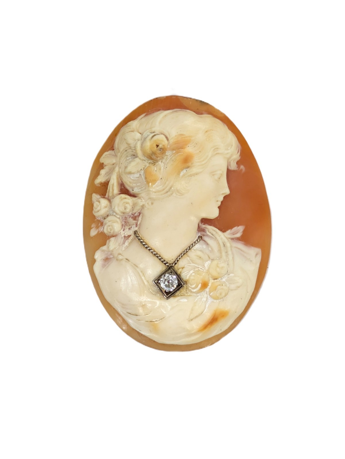 Vintage Large Carved Shell Cameo w/Diamond Necklace, 2-1/8”long X 1-5/8” Wide