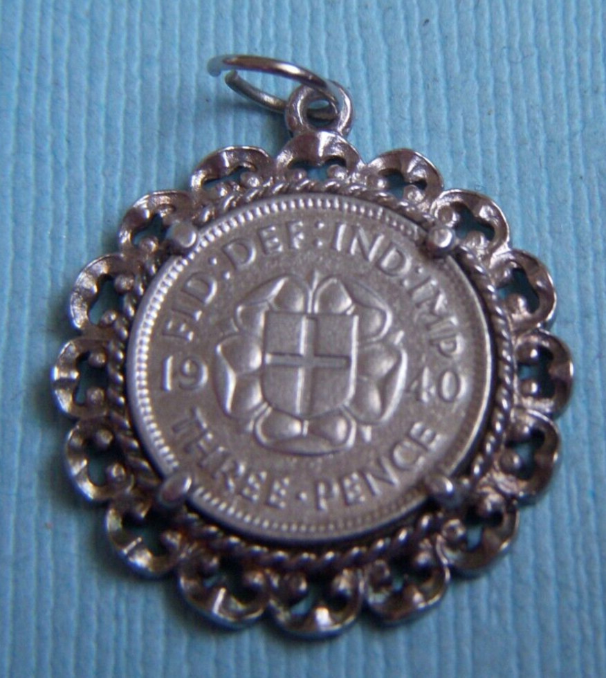 Vintage English three pence coin 1940 with sterling setting charm Great Britain