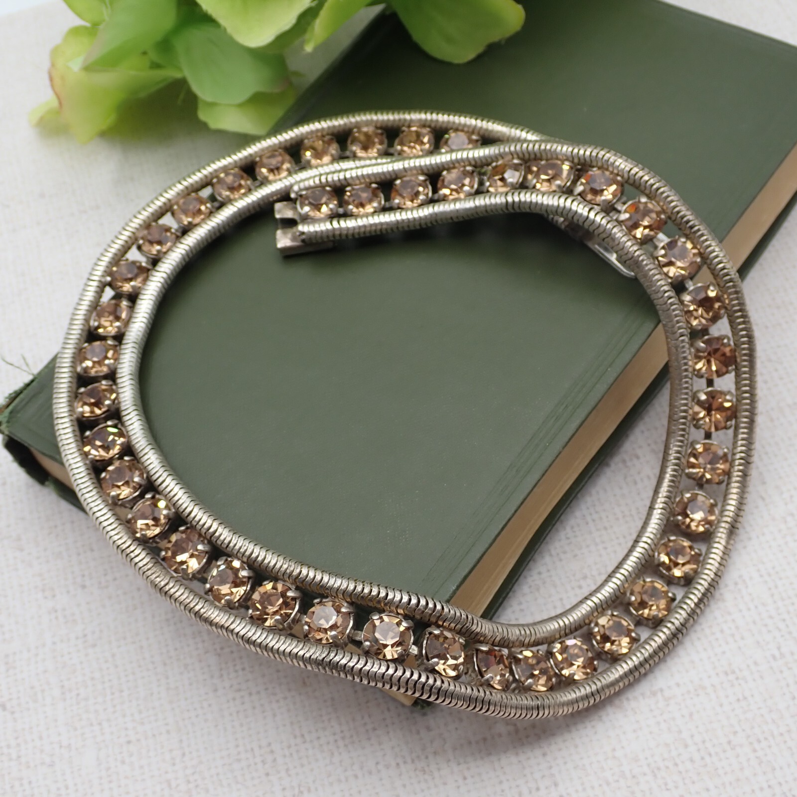 Vtg Double Snake Chain Prong Set Golden Brown Rhinestone 17″ Tennis Necklace