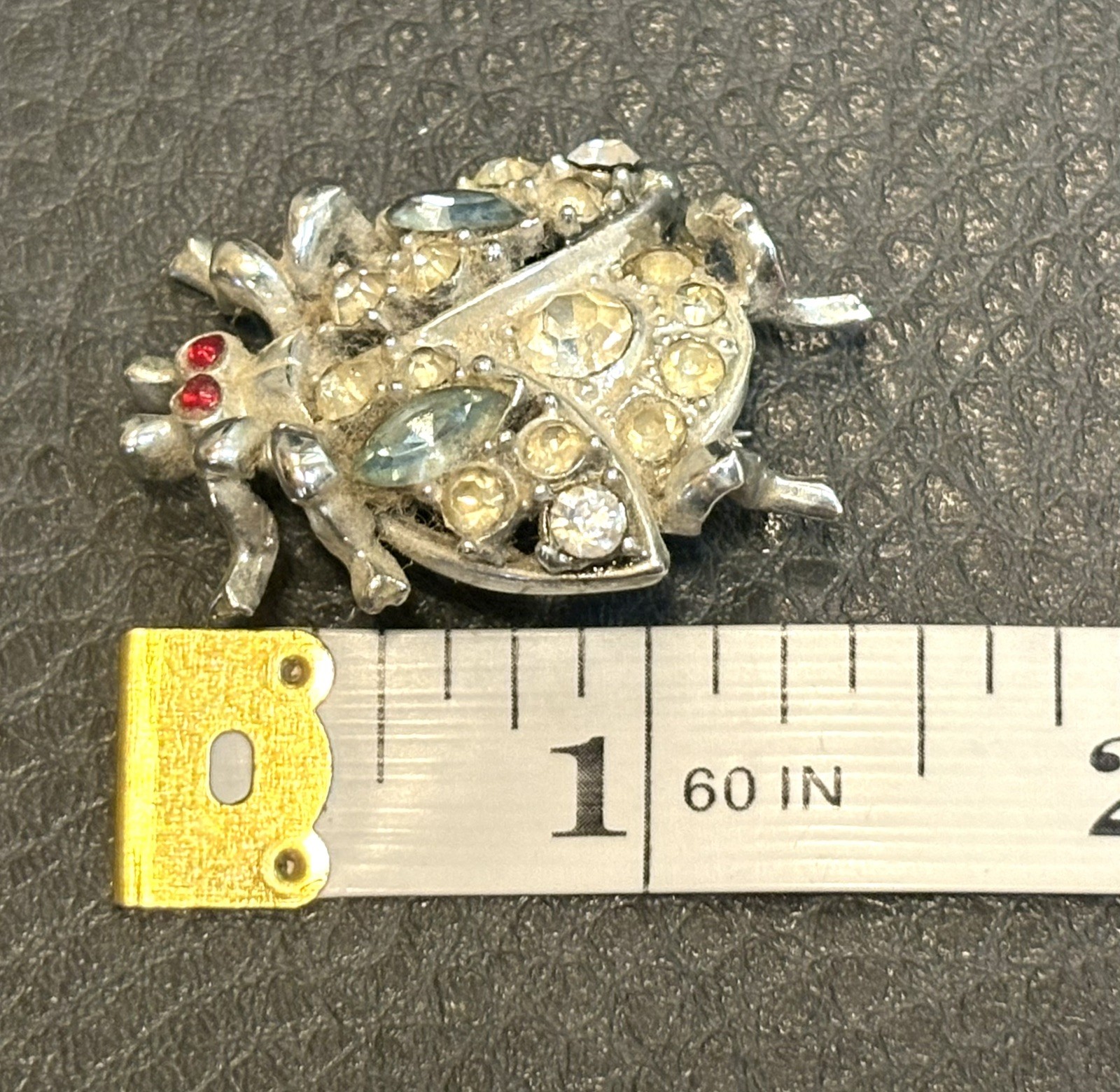 Vintage Art Deco Pot Metal Silver Tone Rhinestone Red Eyes Ladybug Pin Brooch
