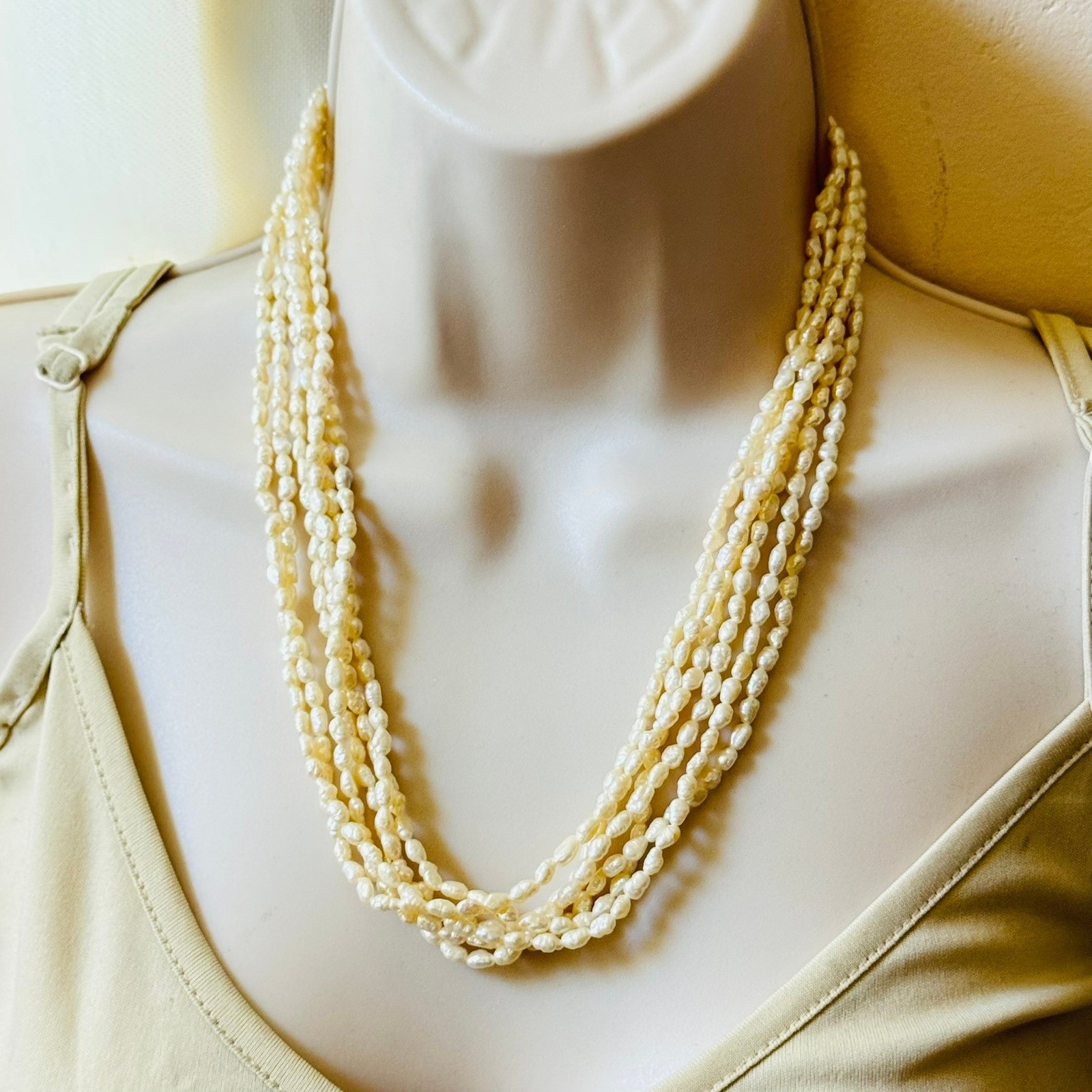 VTG Freshwater Rice Pearl Beaded Necklace Multi 6 Rows Statement Authentic 20″