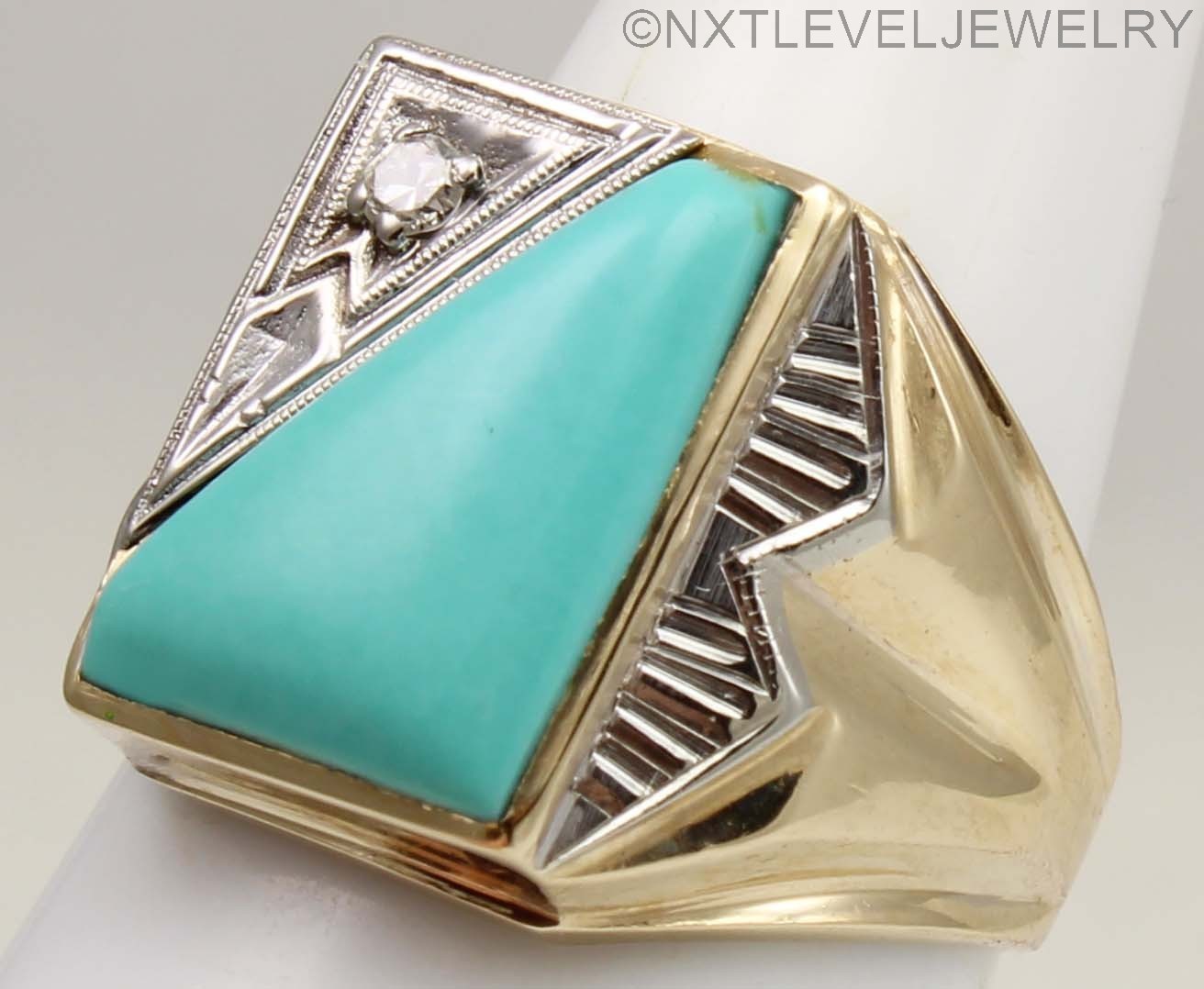 Antique SIGNED Art Deco Robin’s Egg Turquoise & Diamond 10k Solid Gold Mens Ring