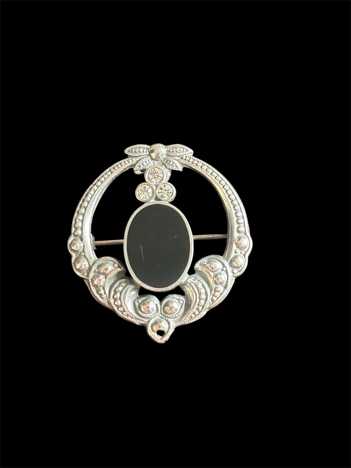 Vtg Reproduction Victorian Mourning Brooch Sterling Silver Black Onyx Rhinestone