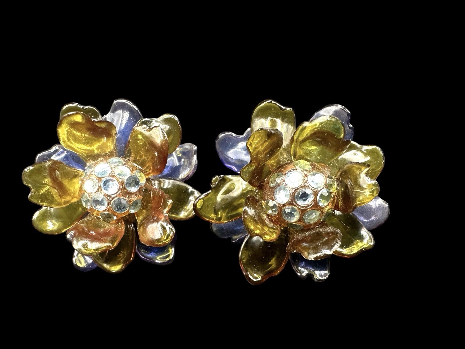Vtg 1930/40s Cellulose Acetate & Rhinestone Flower Earrings Purple Green/Yellow
