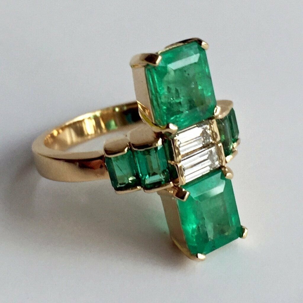 2.80 Ct Green Emerald Art Deco Vintage Engagement Ring 14K Yellow Gold Over