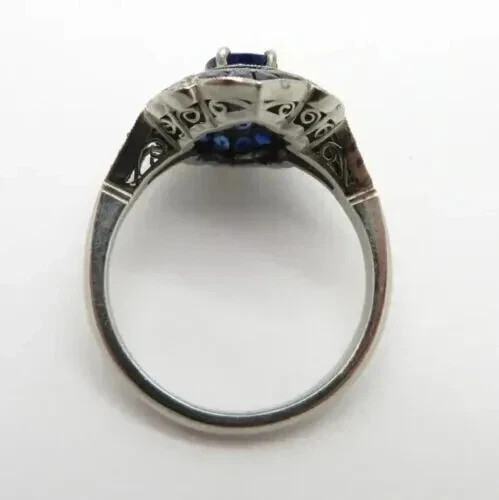 Art Deco Vintage Style Lab-Created Sapphire & Diamond Engagement 925 Silver Ring