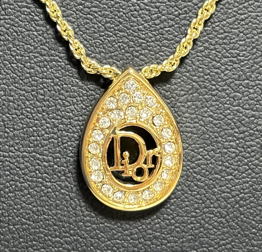 Christian Dior necklace pendant with CD logo rhinestones gold plated teardrop