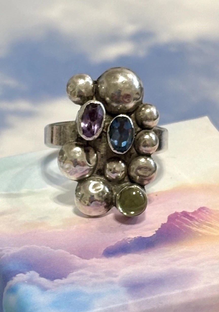 ANTIQUE Art Nouveau Sterling Silver Orbs Sapphire Amethyst Peridot 925 Ring 8.5