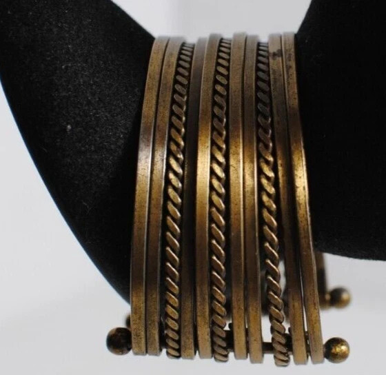 Vintage Cuff Bracelet Eleven Bands Antique Bronze Color 3 inch Across Open
