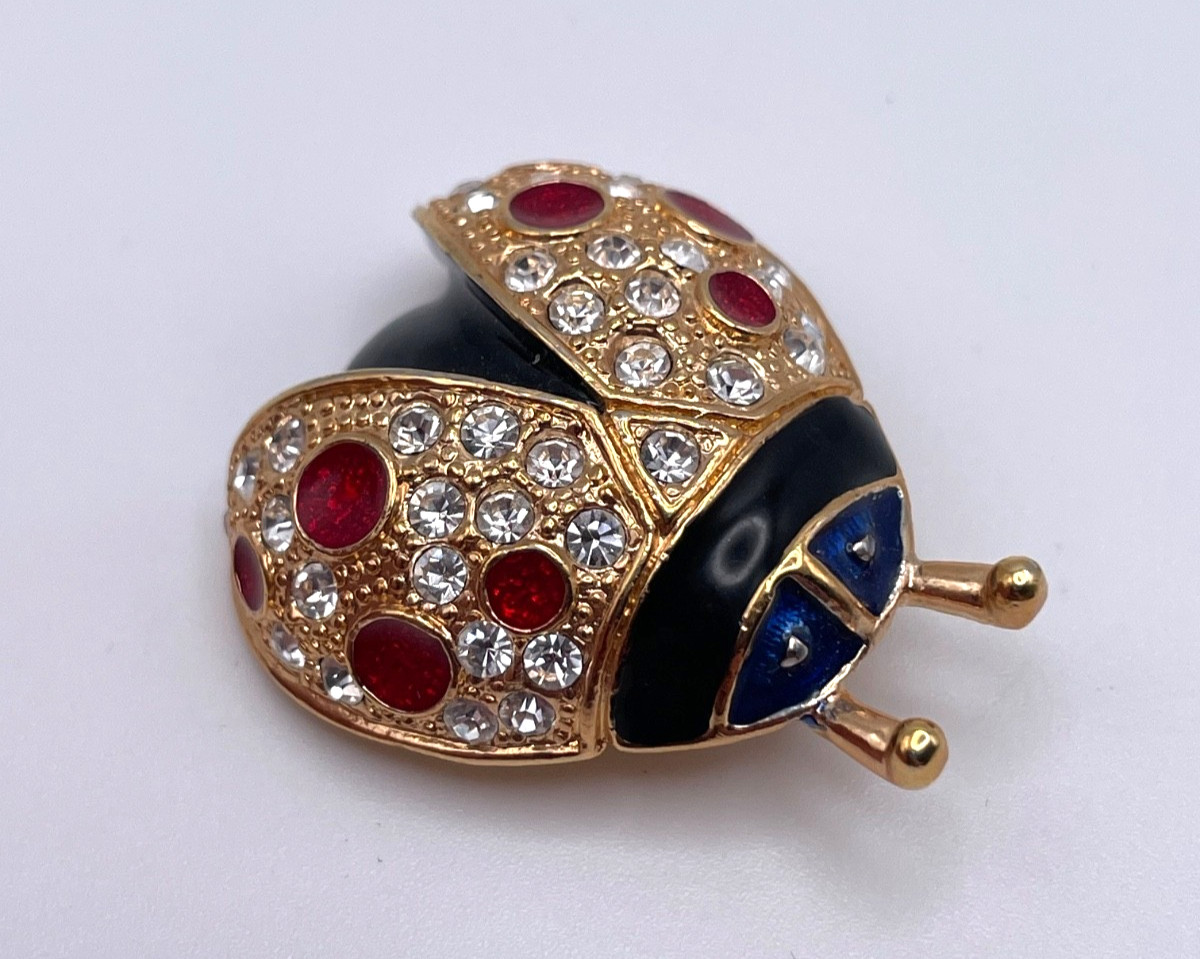 Vintage Roman Signed Gold Tone Ladybug Brooch Pin Red Clear Rhinestones Enamel
