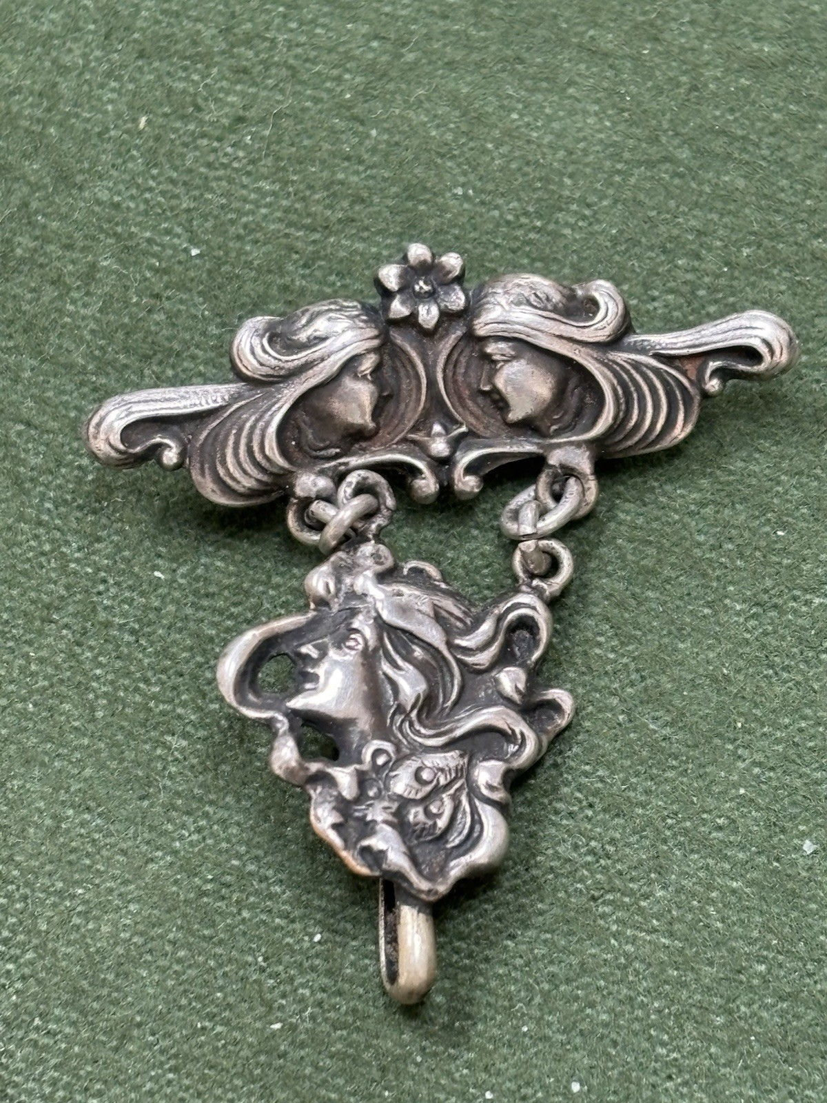 ART NOUVEAU 2-PC STERLING TOP WATCH PIN LOCKET HOLDER UNGER-STYLE PEACOCK LADY