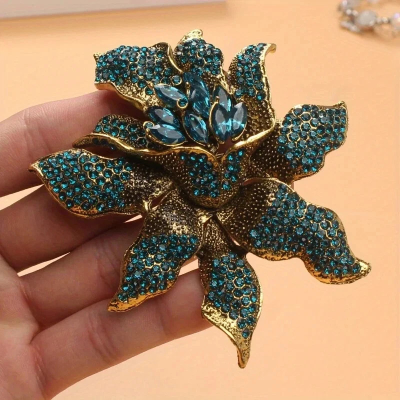 Unique Vintage Style Flower Leaf Blue Rhinestone Crystal Pendant Brooch Pin Gift