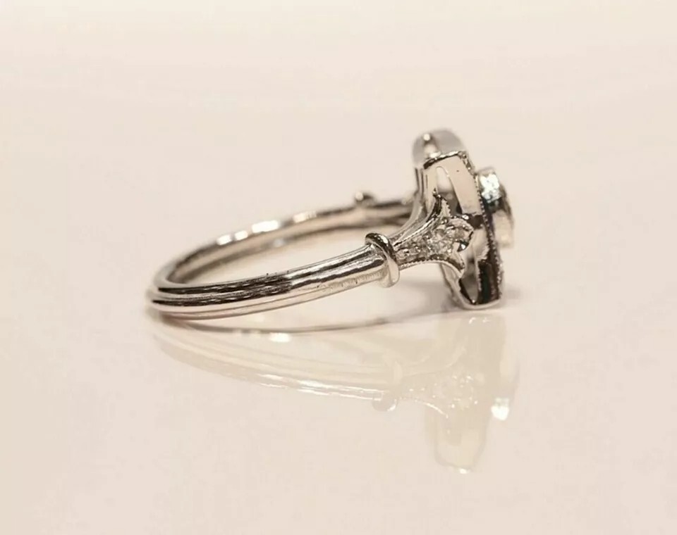 Vintage Art Deco Round Moissanite & Sapphire 14K White Gold Finish Wedding Ring