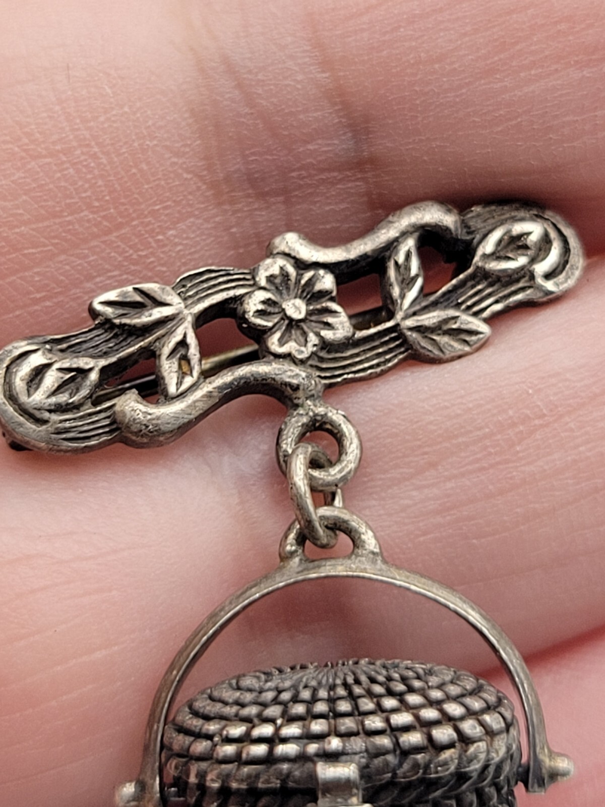 Brown County Basket Sterling Silver Dangle Basket Locket Charm Brooch Pin Signed