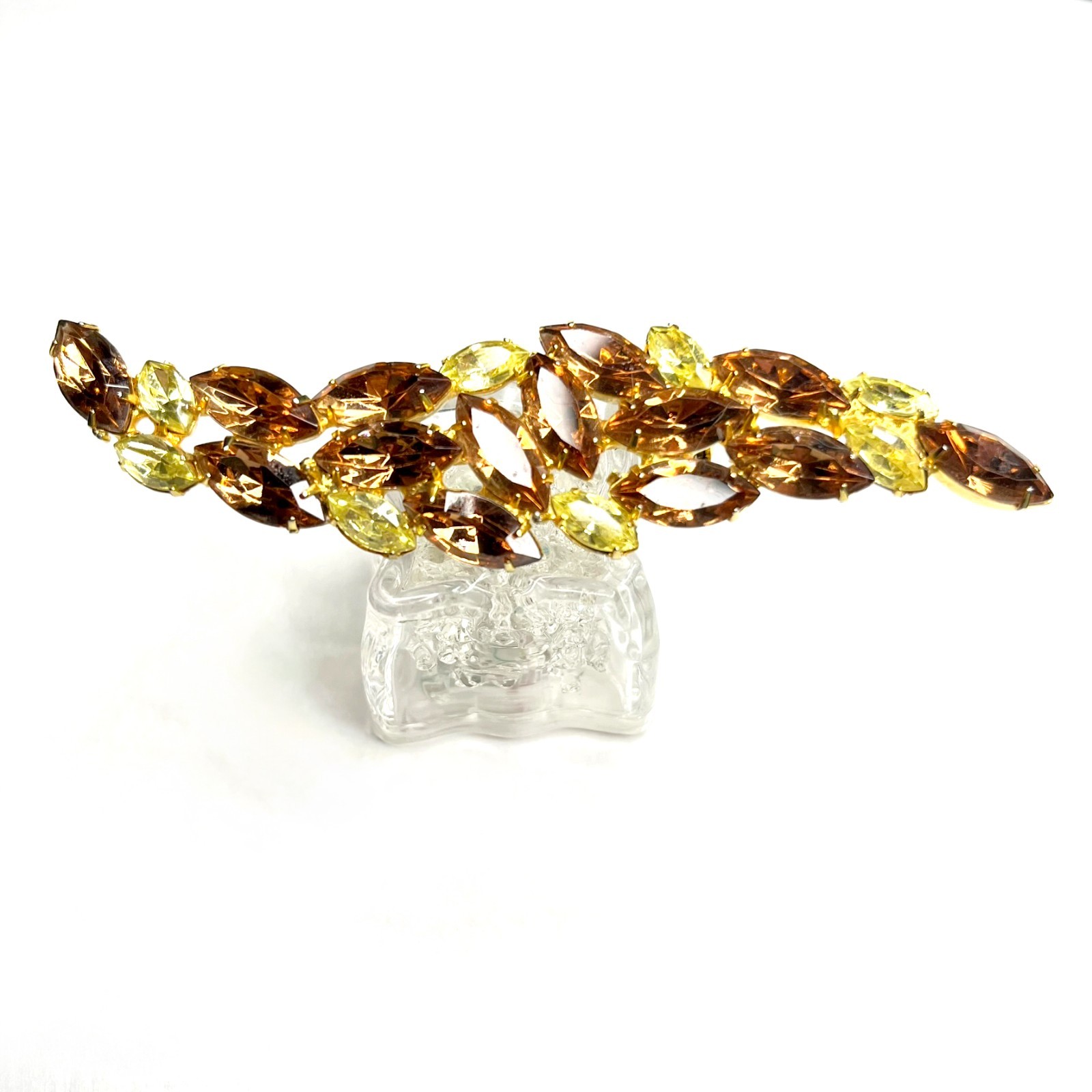 Large VTG Juliana? Leaf Flame Swoosh Brown Yellow Navette Rhinestone Pin Brooch