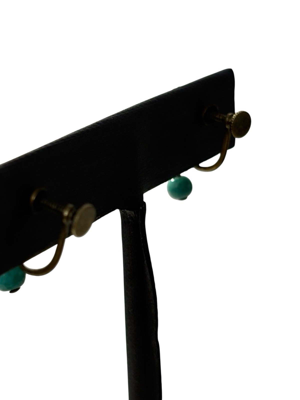 Vintage Marbled Teal Earrings Brass Tone Beaded Plastic Screw Back Dangle MCM