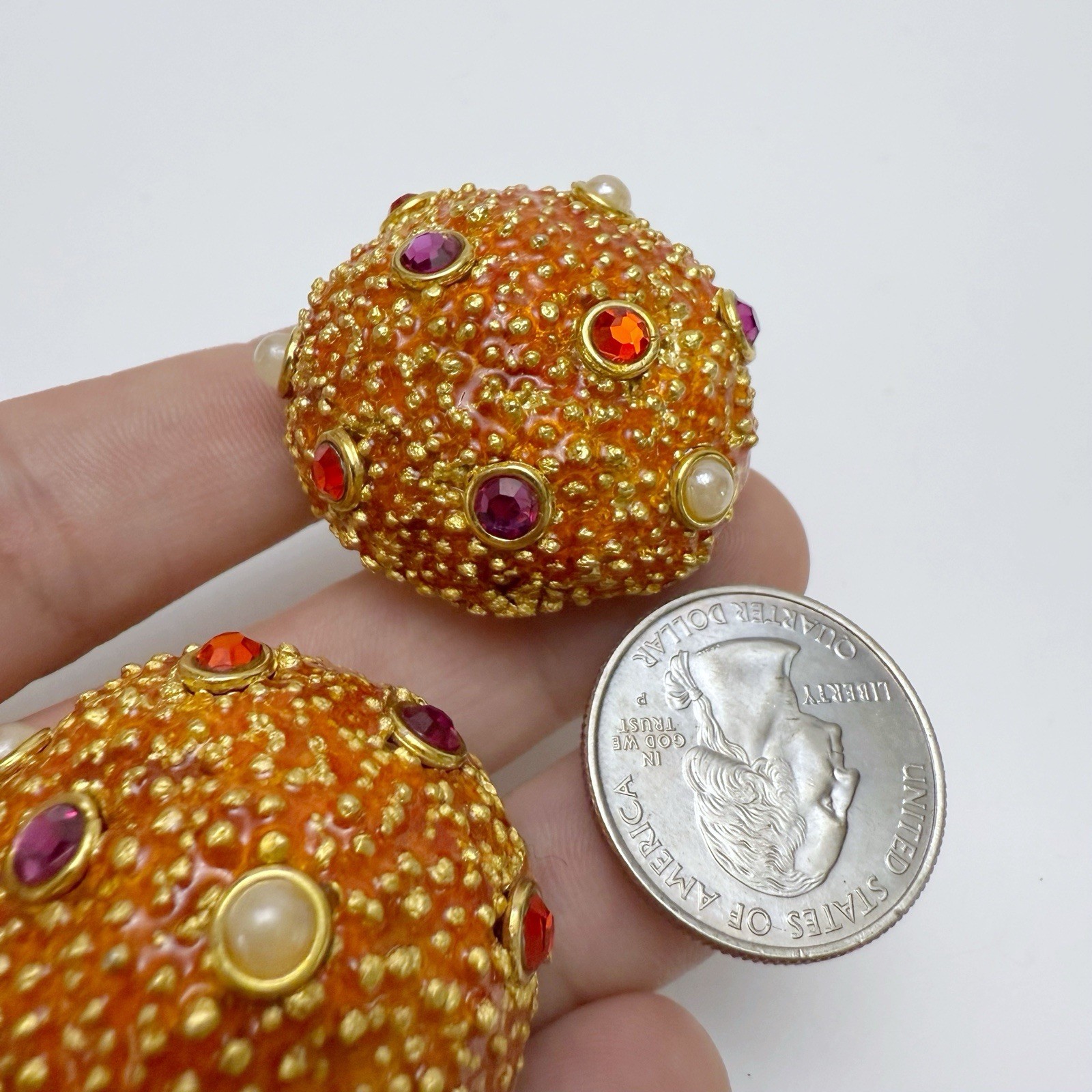 Vintage Sea Urchin Beachy Enamel Rhinestone Faux Pearl Round Clip On Earrings