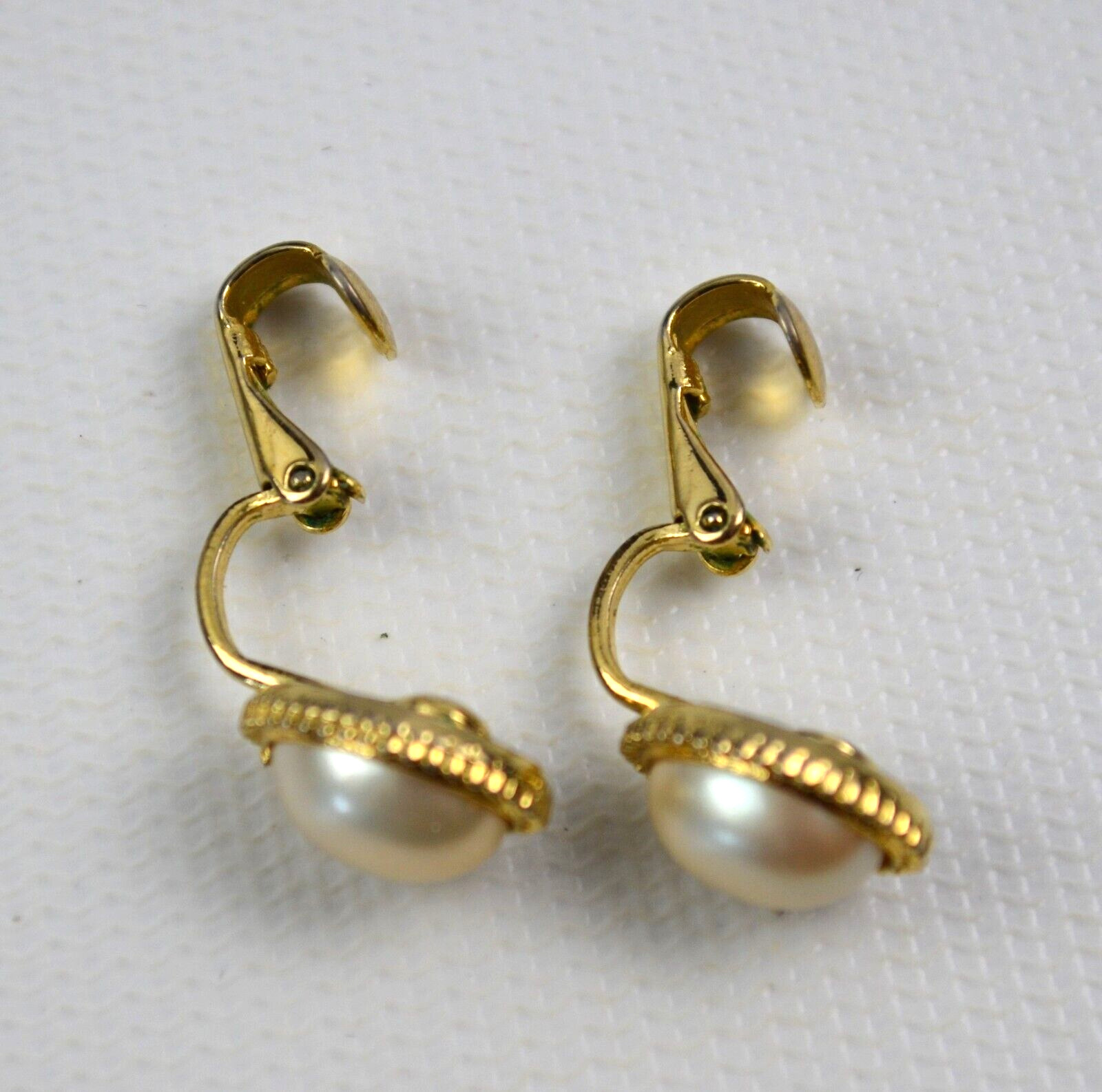 Vintage Gold Tone Clip On Earrings with Oval Faux Pearl Center .75″