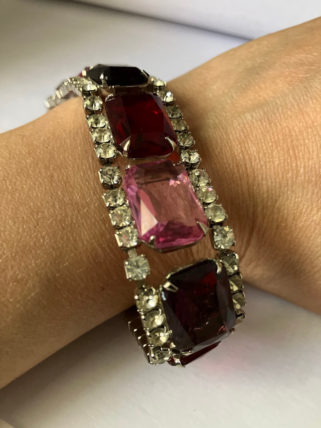 Vintage Rhinestone Panel Bracelet Square Cut Chunky Bling Purple Pink Red Clear