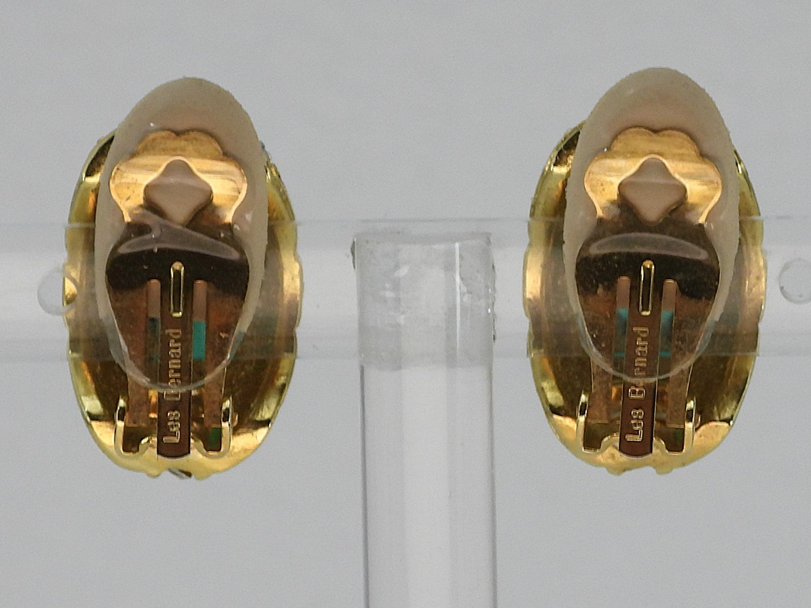 Vtg LES BERNARD Domed Earrings Clear Crystals & Faux Center Oval Green Emerald