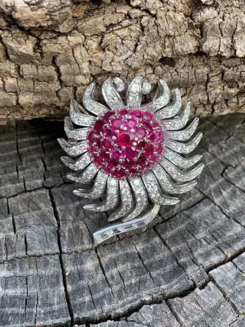 2.80Ct Round Cut Lab-Created Red Ruby Flower Brooch Pin 14K White Gold Plated