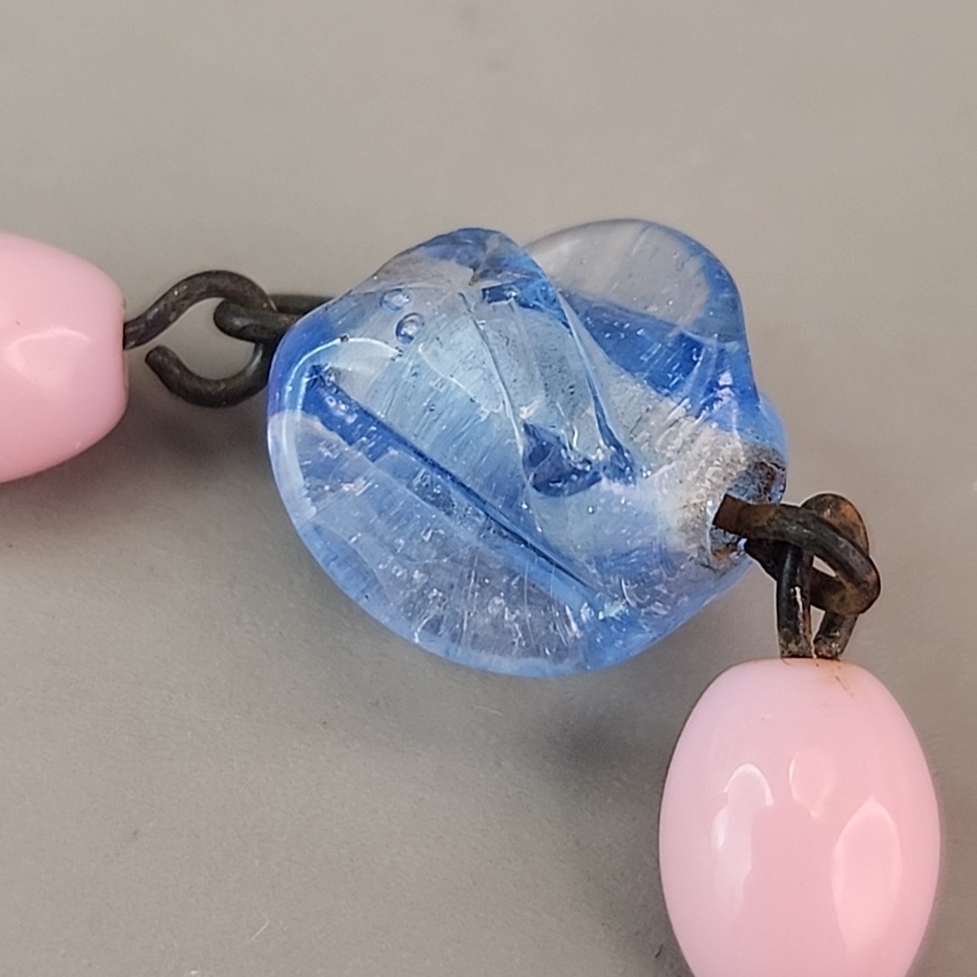 Vintage Art Deco Beaded Necklace Blue Givre Pink Milk Glass 59″ Long Flapper