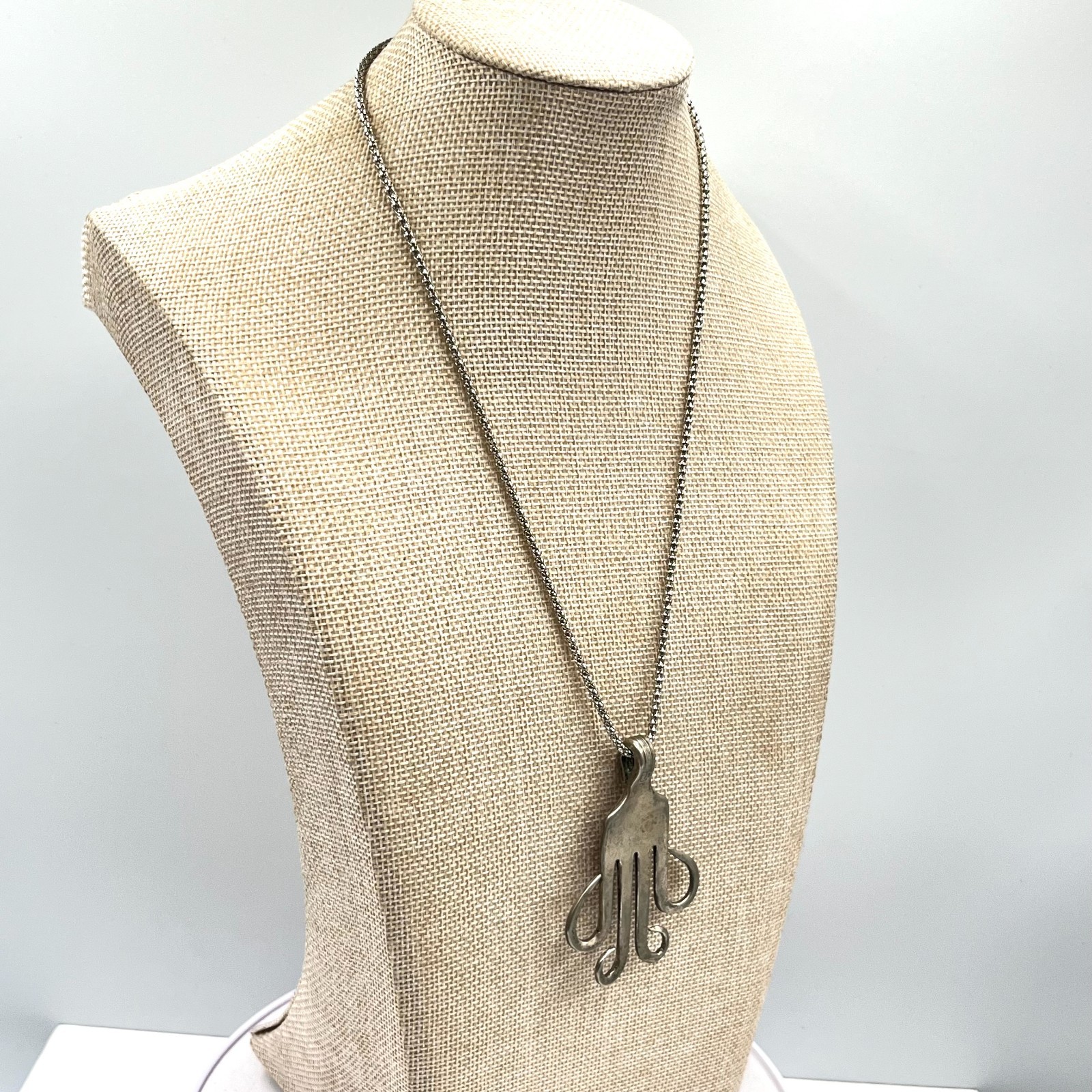 Vintage Silver Tone Fork Octopus Pendant Necklace Quirky Boho Statement Jewelry
