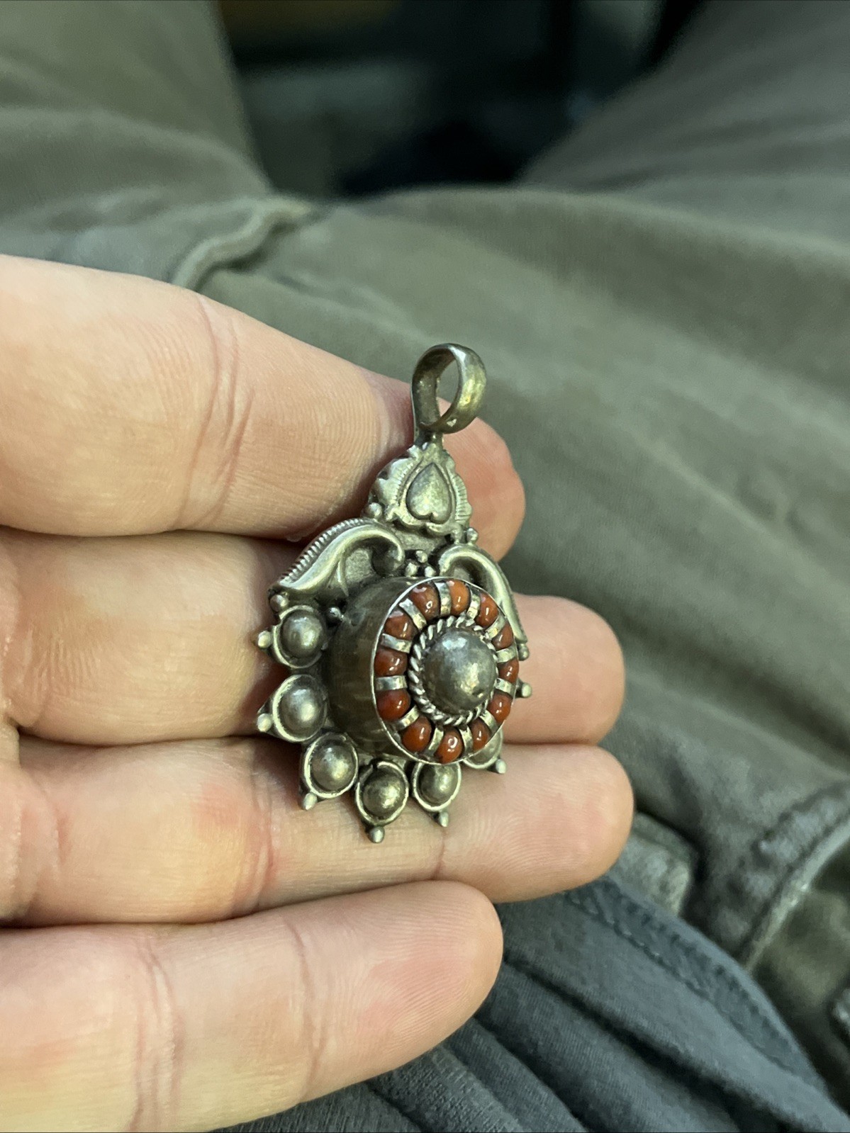 Antique Sterling 925 Silver Pendant Red Coral 2” 15.1g Native American Navajo