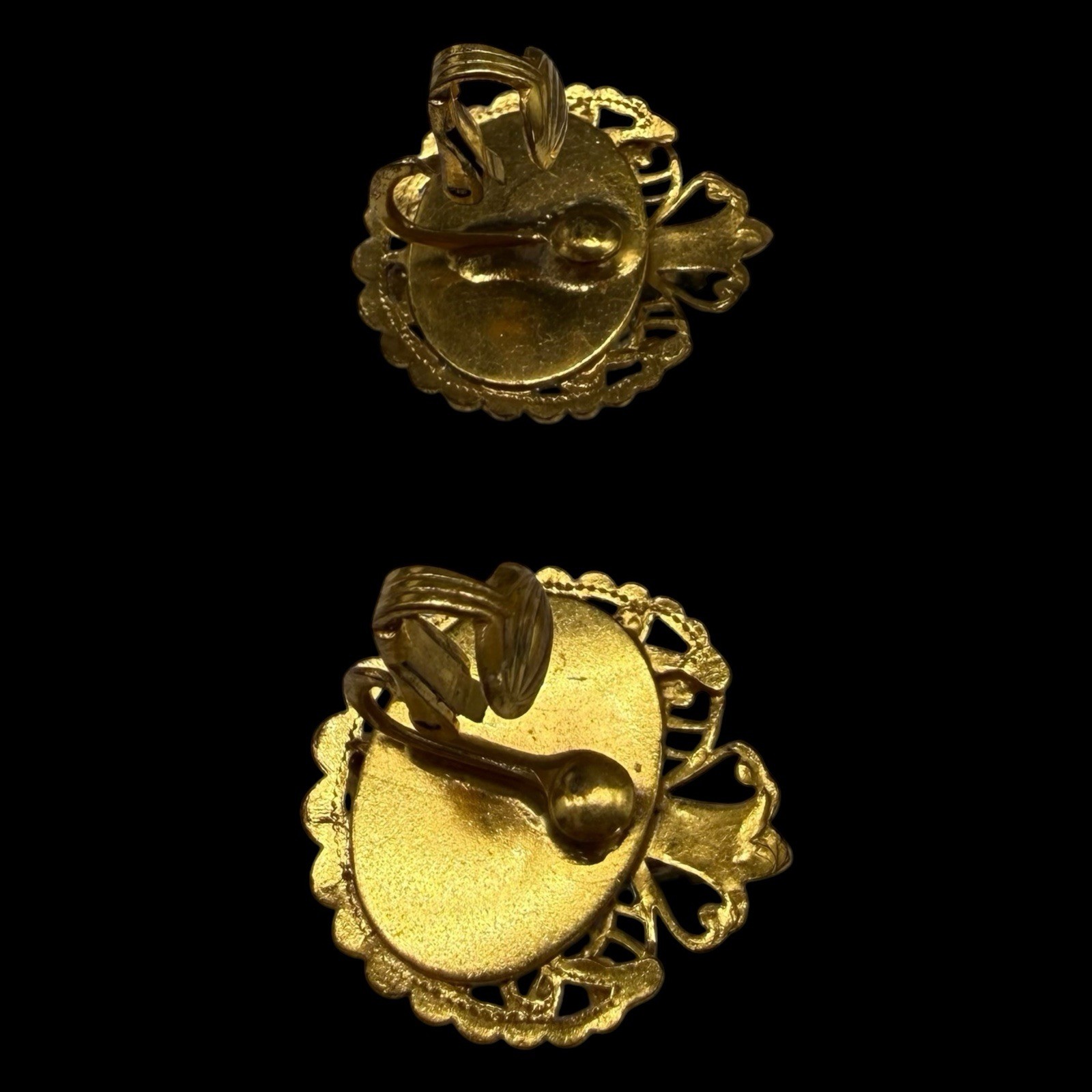 1950s Rhinestone Flower Basket Ornate Filigree Gold Tone Clip On Earrings