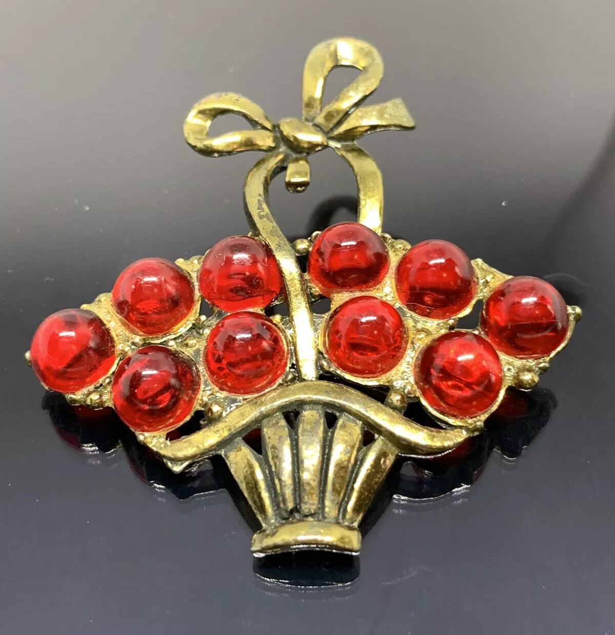 Antique Basket Brooch Red Poured Glass Gripoix Cabochons 1920s 1930s Cherries