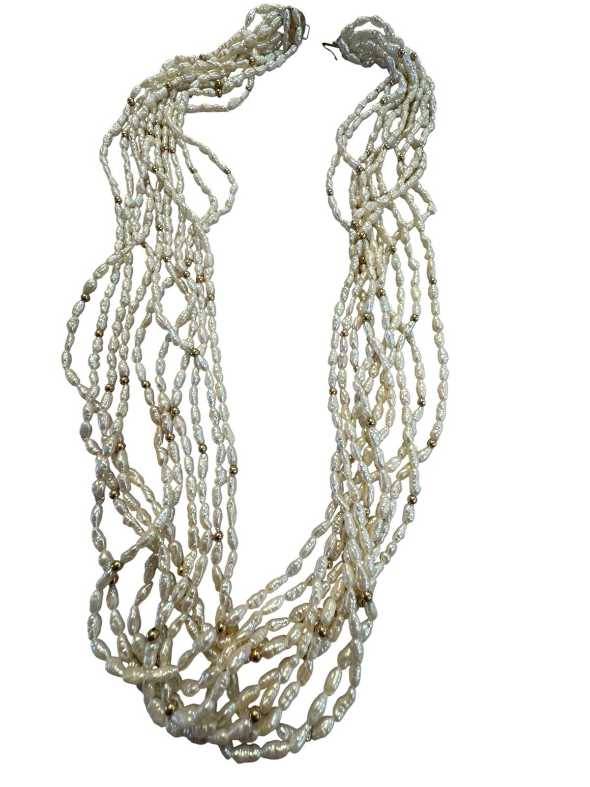 24” Multi-strand Freshwater Pearl 14k Gold Clasp Necklace Gold Beads 10 Strands