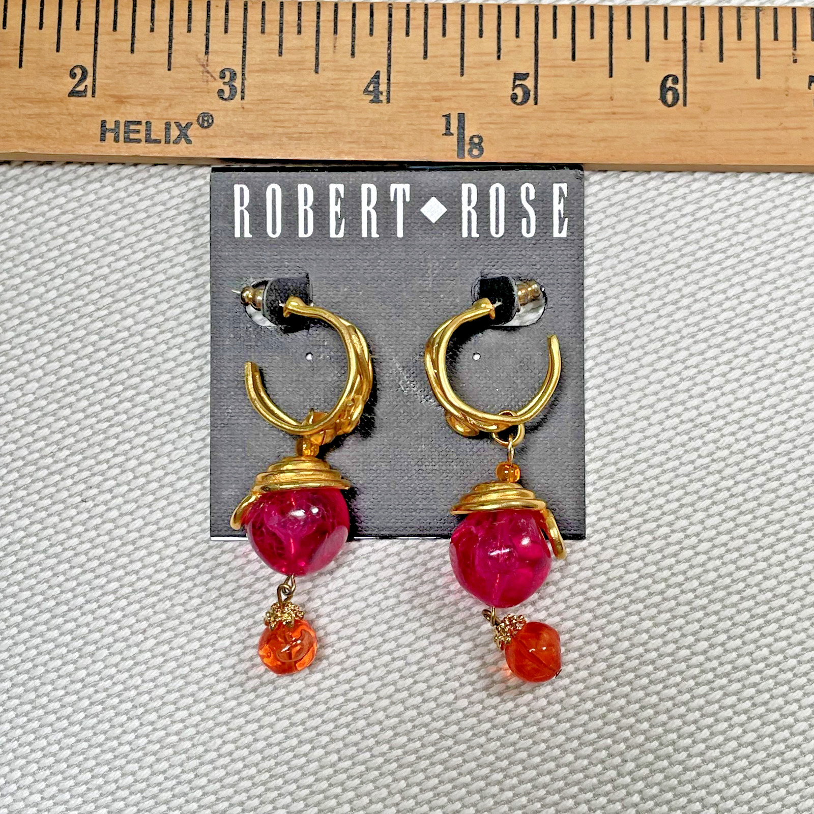 Vintage ROBERT ROSE Dangle Earrings Gold Tone & Violet & Red Lucite Beads 1970s