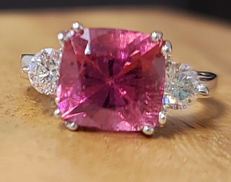 Vintage 14K White Gold Engagement Ring 3.86CT.Natural Pink Tourmaline radiant