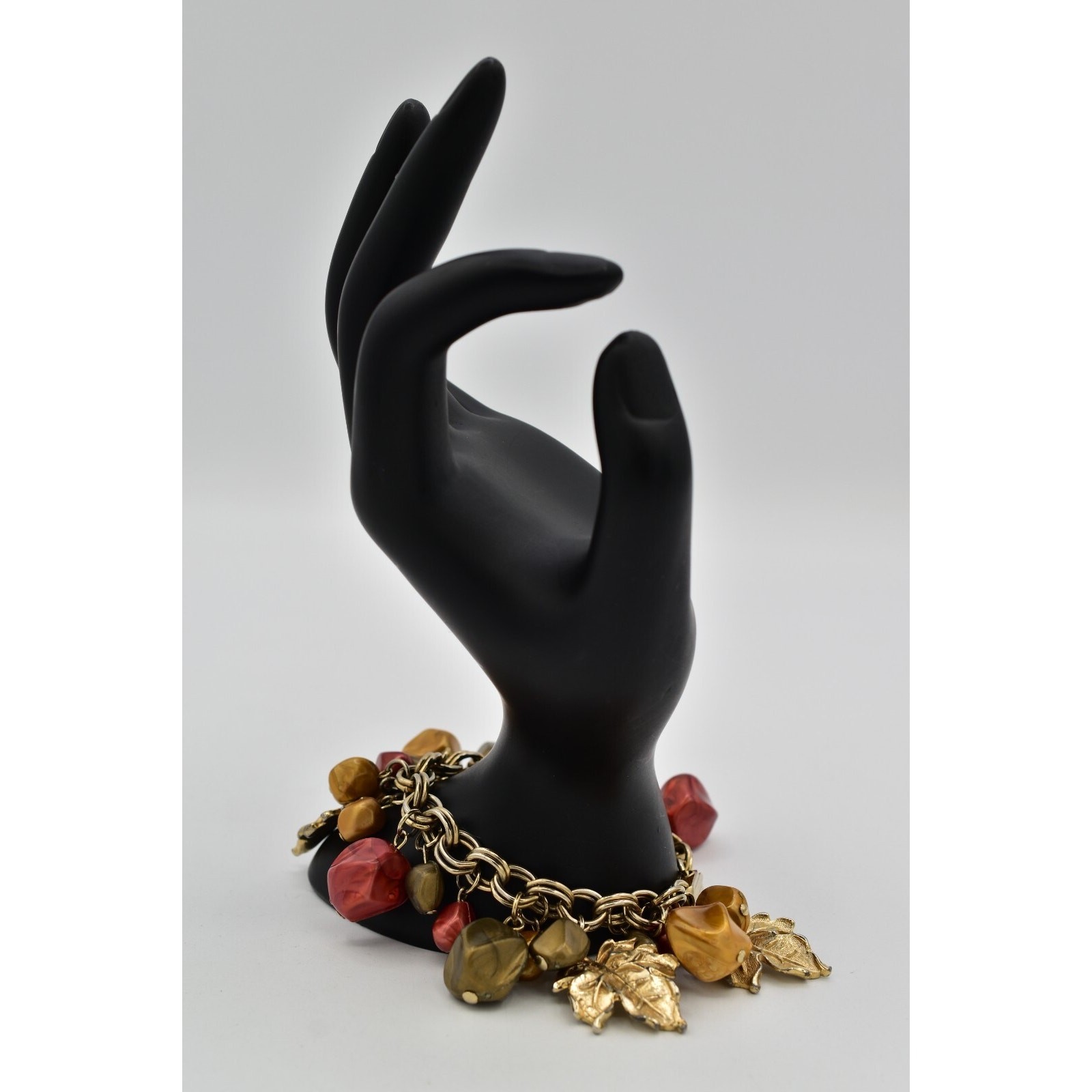 Vintage 7″ Charm Bracelet Leaf Lucite Brushed Gold Fall Autumn Chunky 1960s BinO