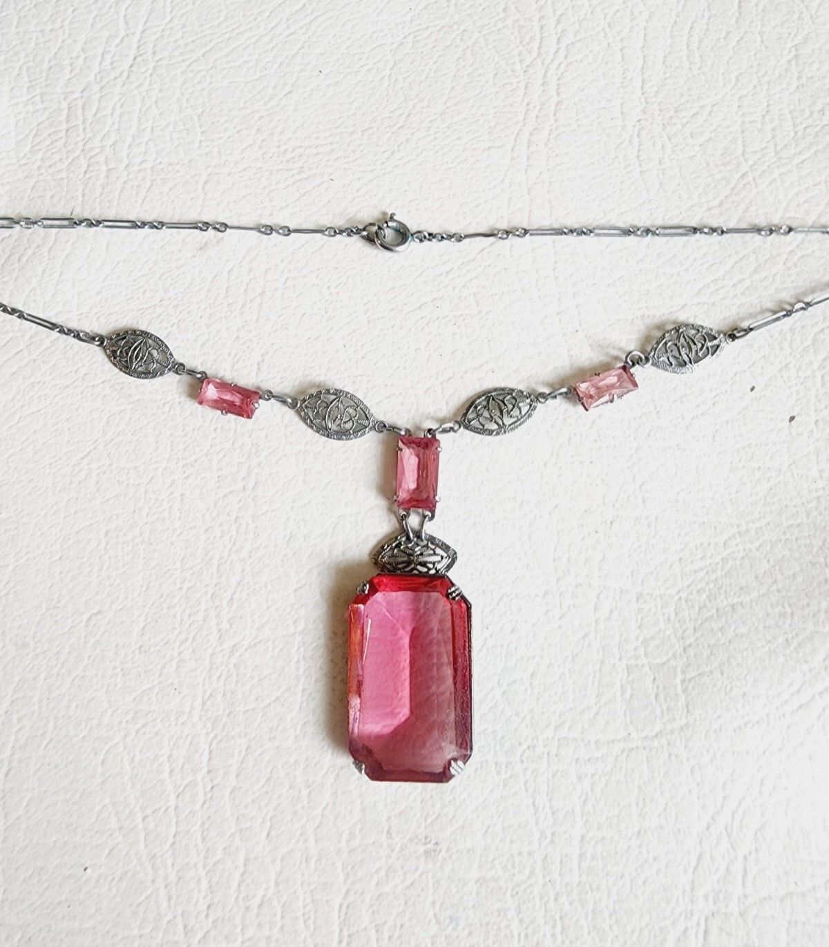 Antique ART DECO Silver Tone PINK CZECH Glass Filigree Necklace