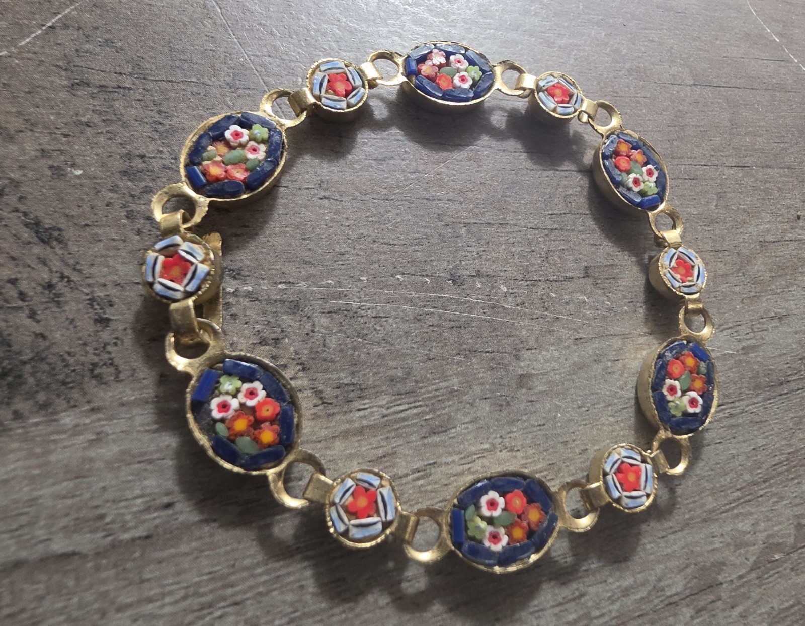Vintage Micro Mosaic Multi Color Floral Design Linked Bracelet