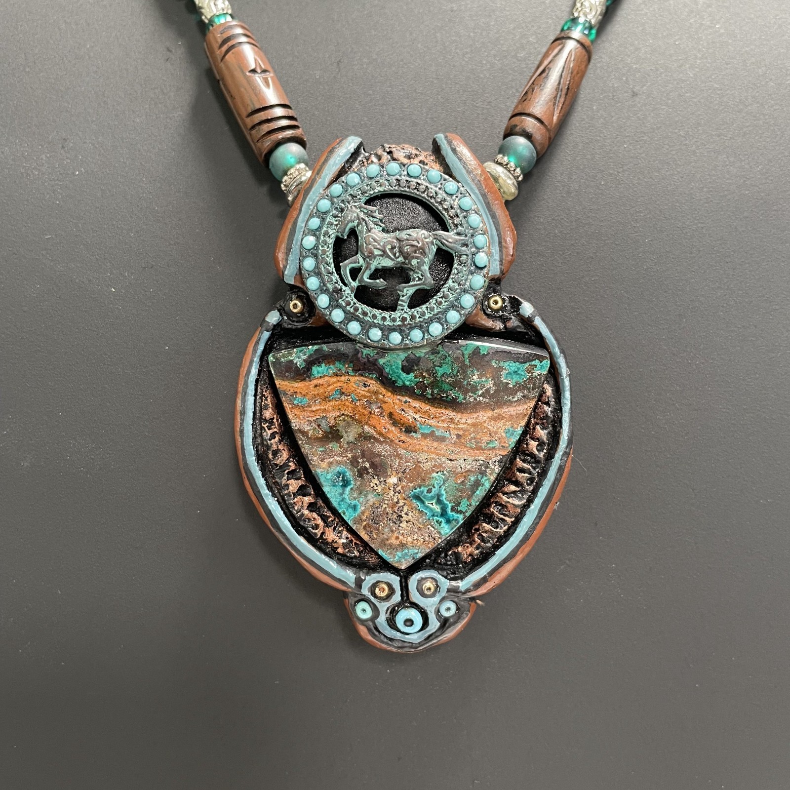 Boho Artisan Triangle Royston Turquoise w/Running Horse Turquoise beads Necklace