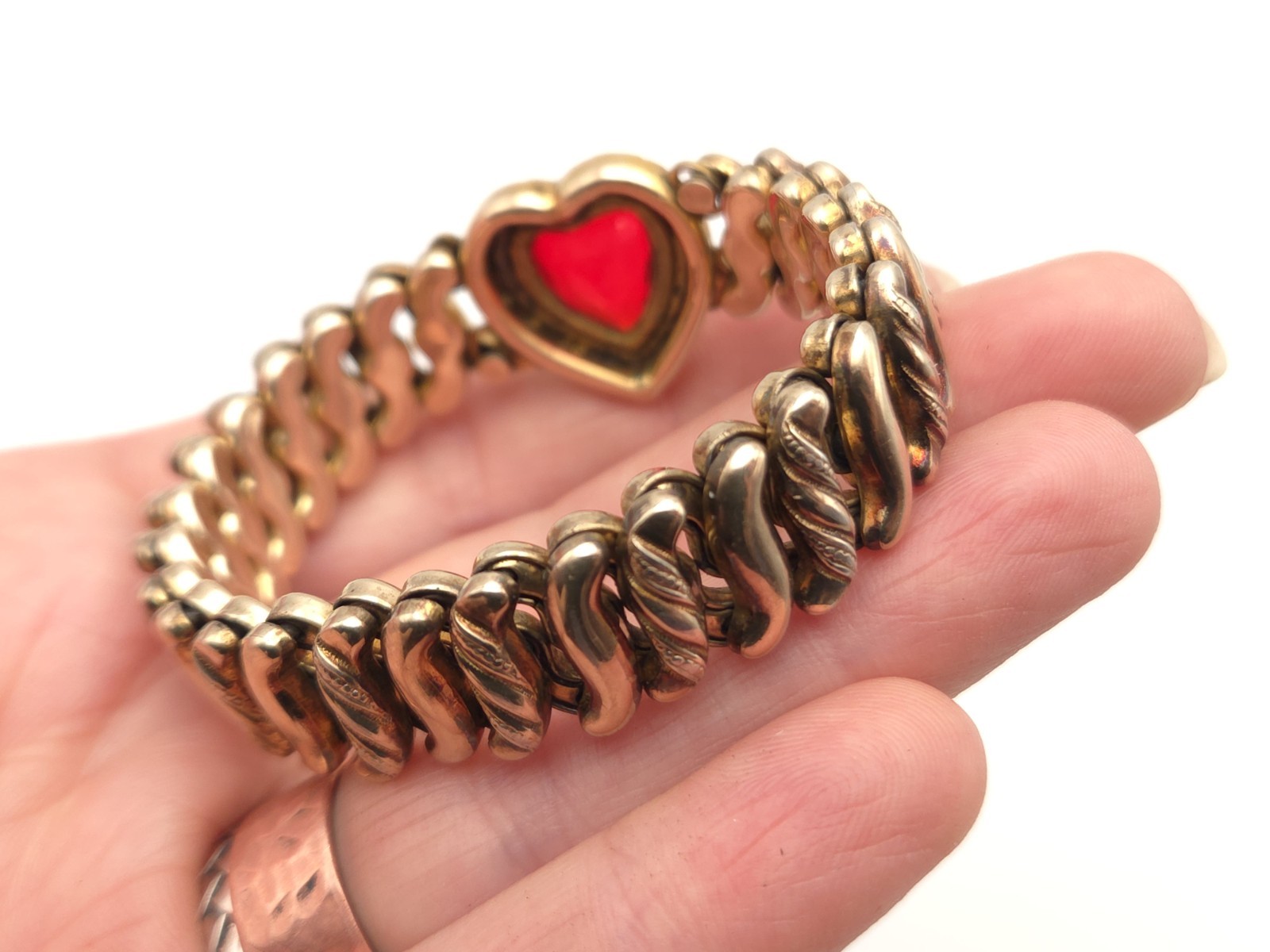 Vintage DFB Carmen Deluxe Gold Filled Sweetheart Red Glass Expansion Bracelet