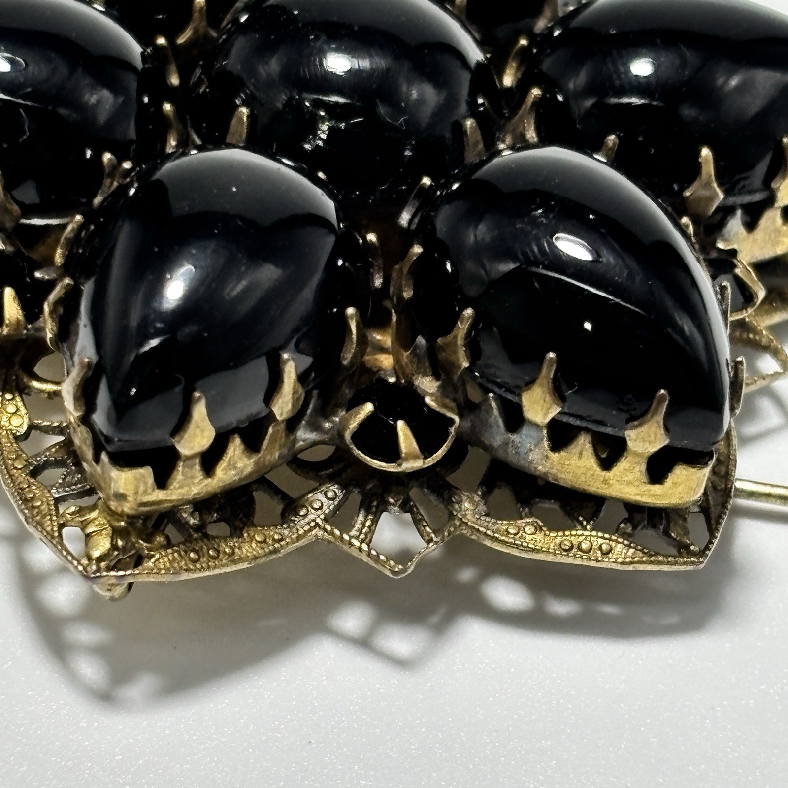 Vintage Brooch Pendant Teardrop Black Glass Cabochons Double Layered 2-1/8″ Long