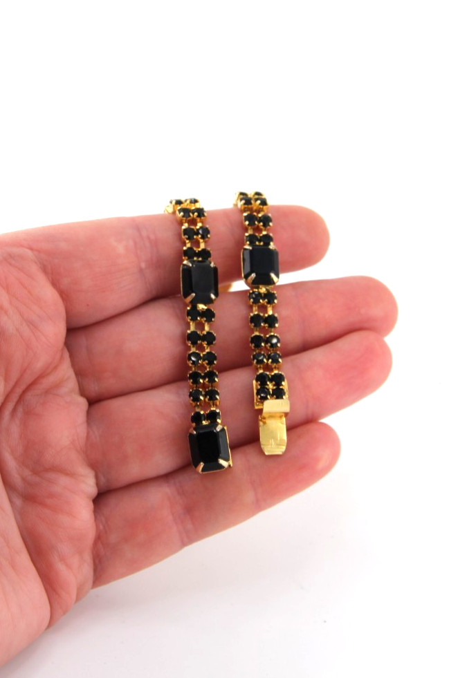 Vintage Bracelet Black Prong Set Rhinestones Push Lock, Czech Republic 1980