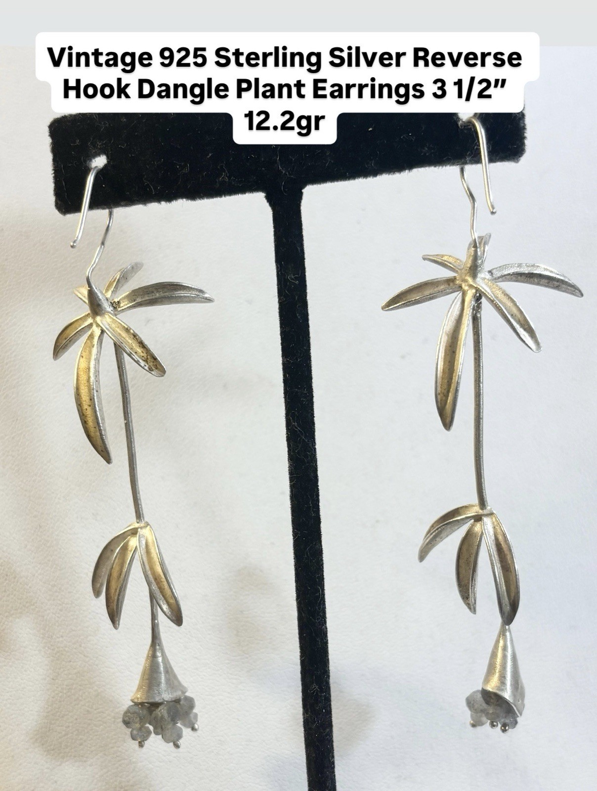 Vintage 925 Reverse Hook Plant Dangle Earrings 3 1/2”