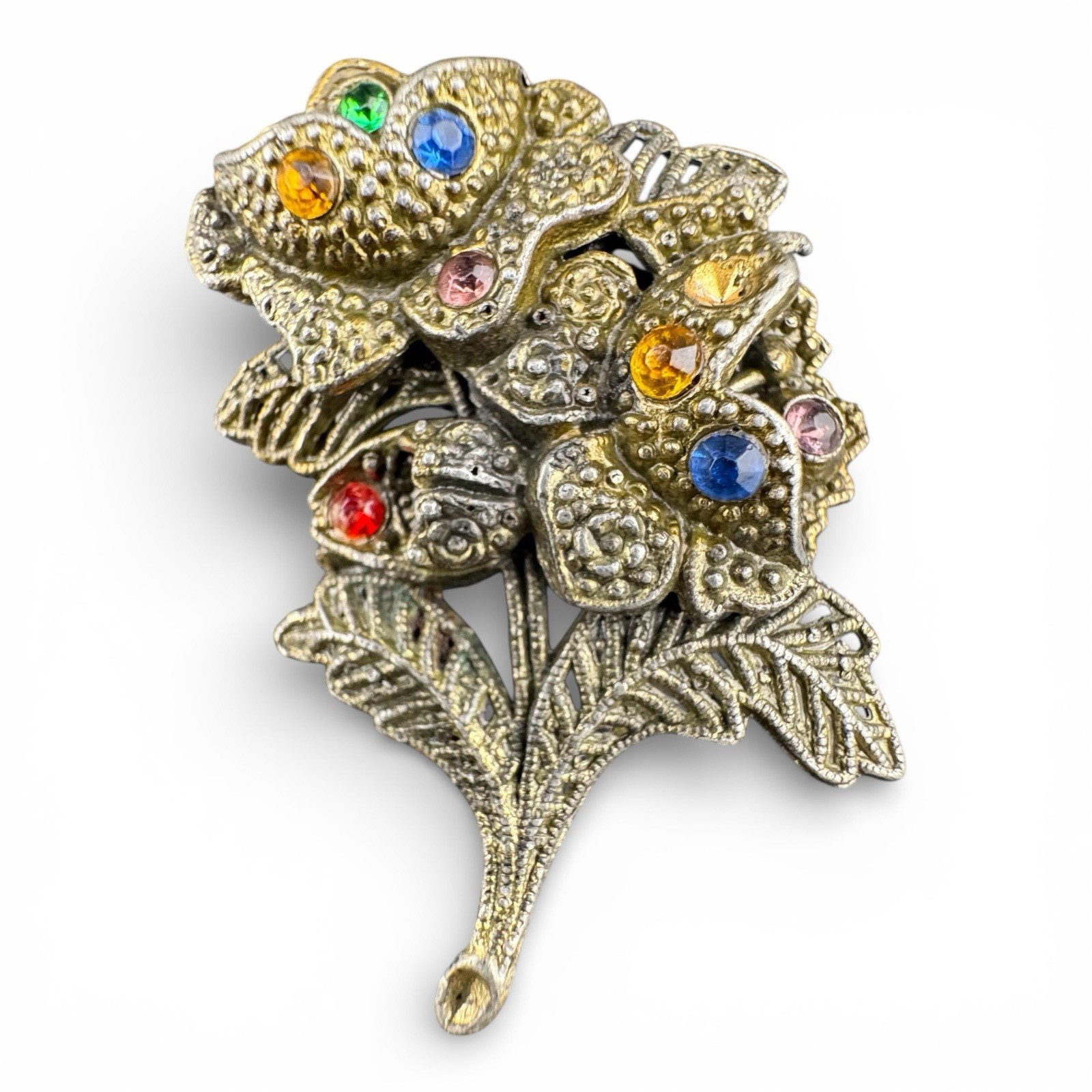 Vintage Little Nemo Signed Gold Tone Multicolor Rhinestone Flower Brooch