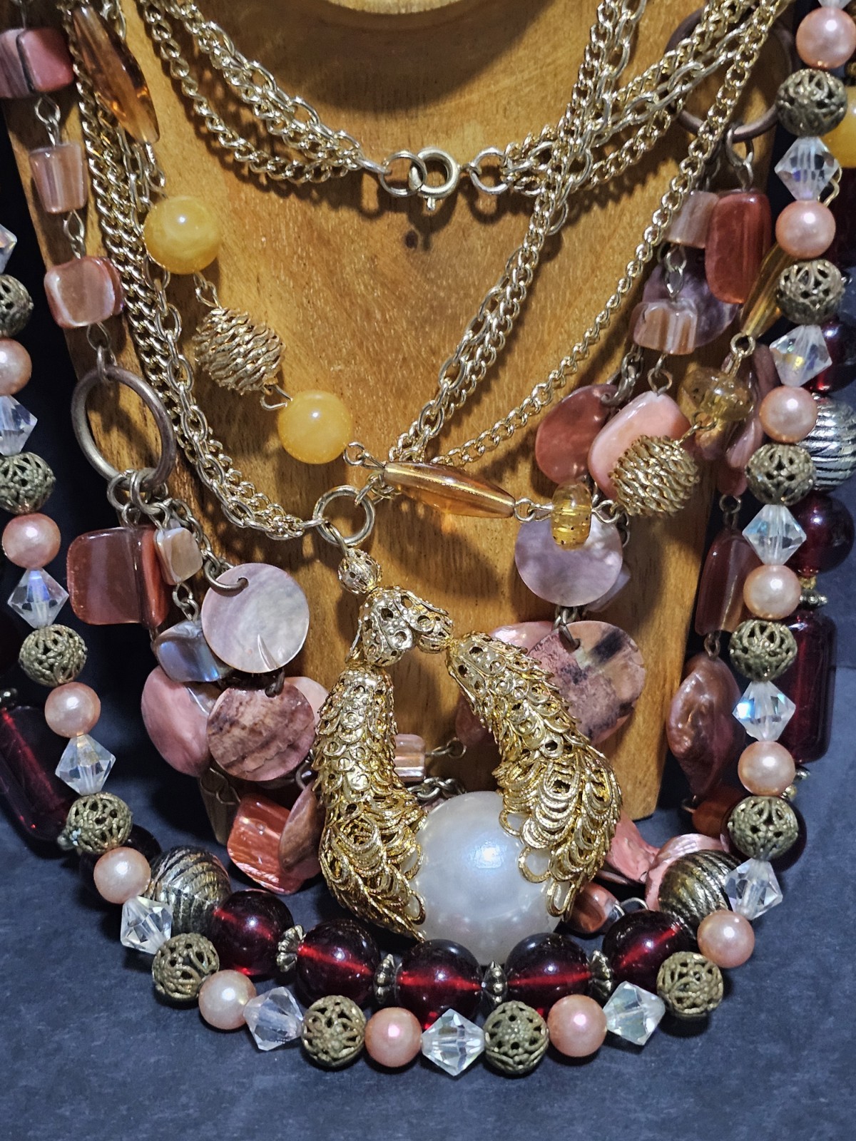 Estate Lot 5 Earth Tone Acrylic Lucite Shell Brass Accent Beaded Necklaces