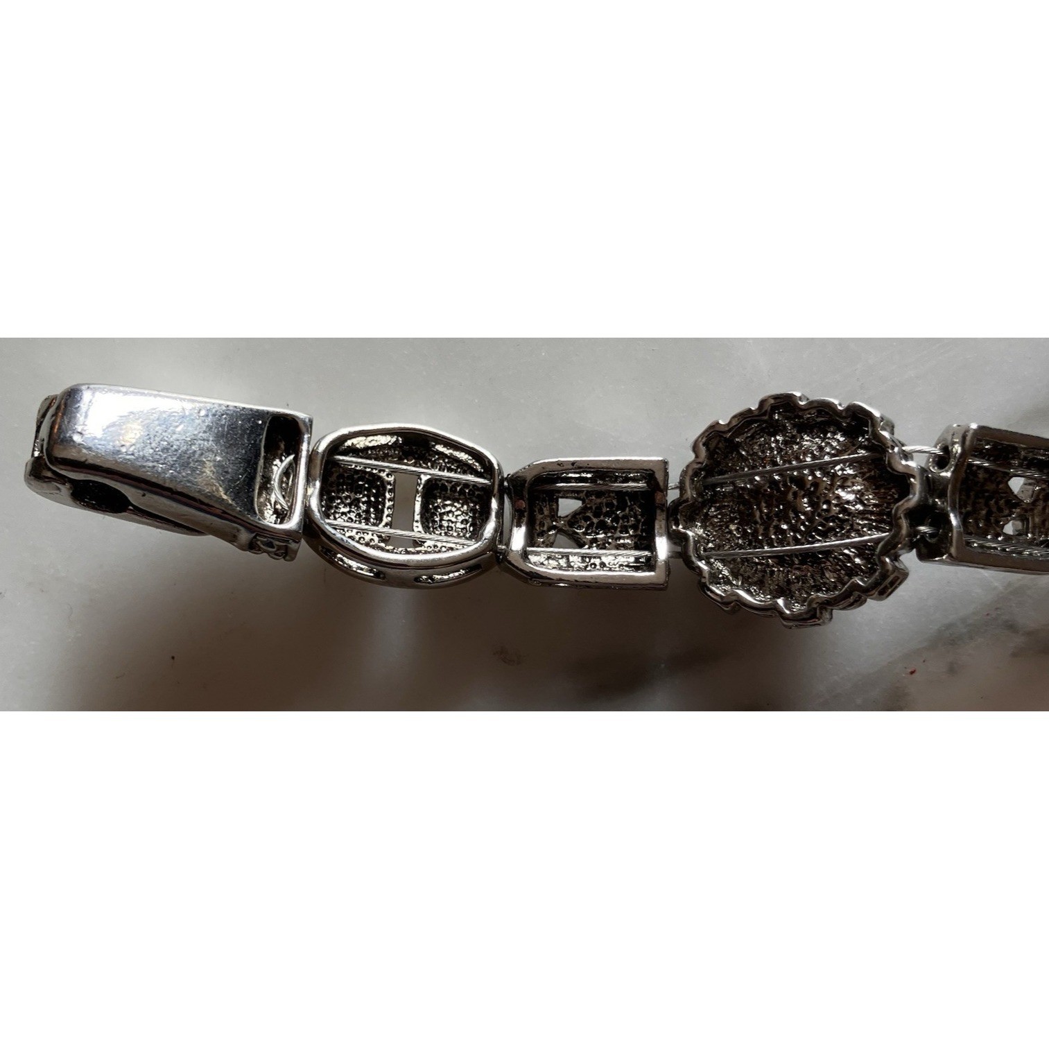 Vintage Silvertone Marcasite Black Stone 7.5″ Bracelet Sparkle EUC