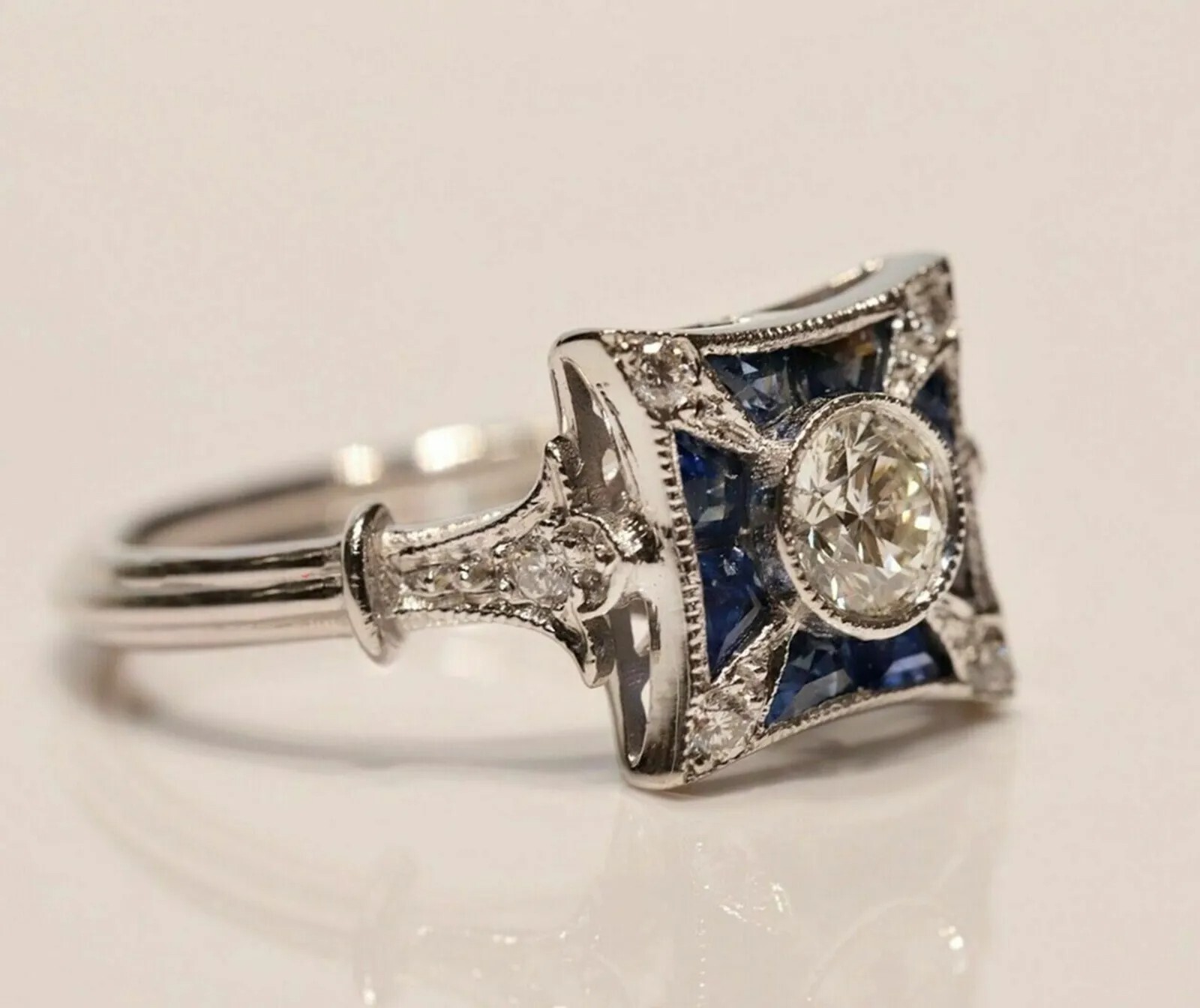 Vintage Art Deco Round Moissanite & Sapphire 14K White Gold Finish Wedding Ring
