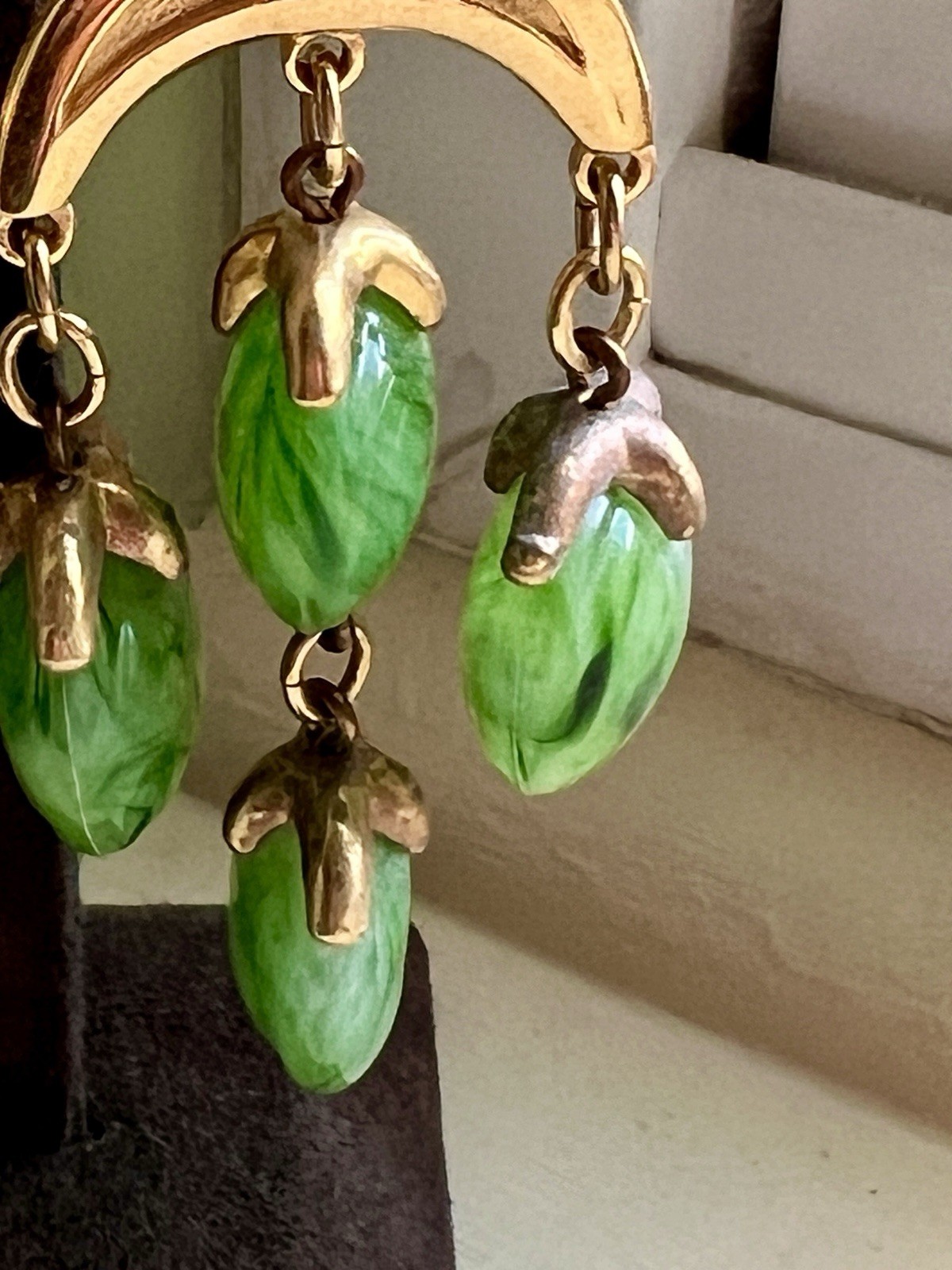 Vintage Crown Trifari Waterfall Faux Jade Lucite Gold Tone Dangle Clip Earrings
